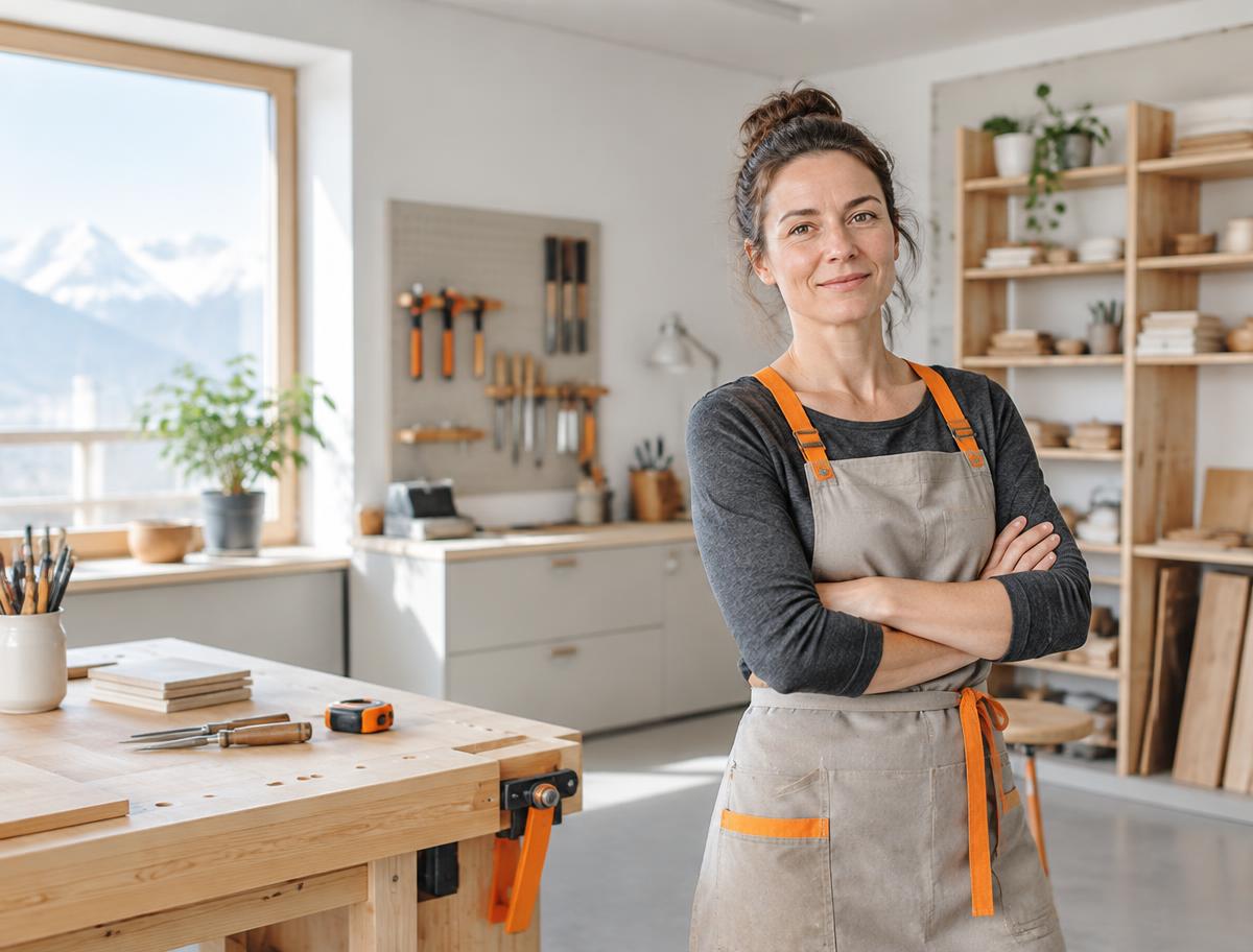 Inhaberin eines Schweizer Handwerksbetriebs in ihrer hellen Werkstatt